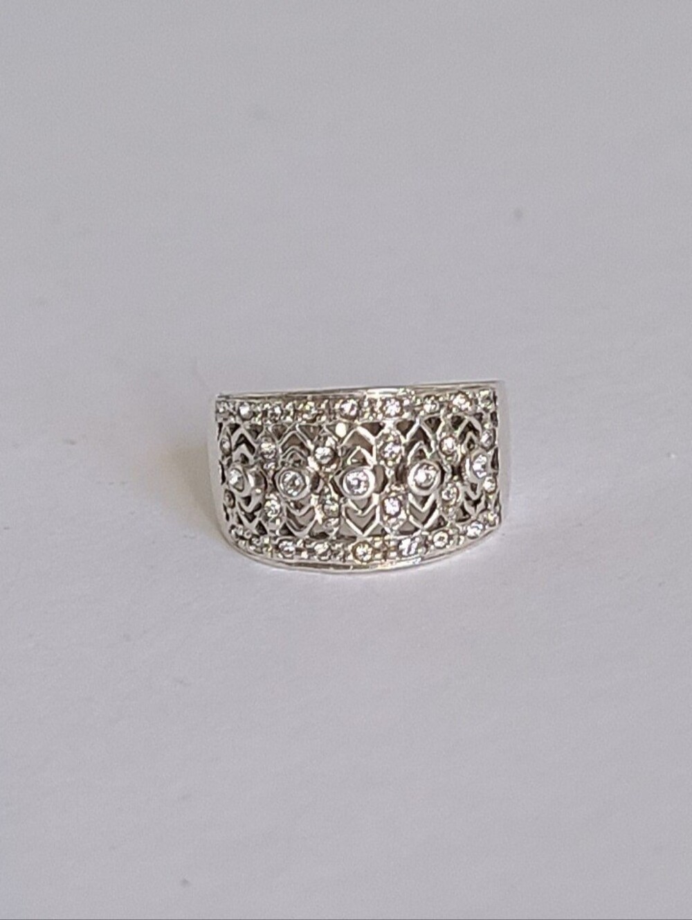 Elegant Sterling Silver CZ Rhinestone Crystal Filigree Chunky Wide Band Ring 6 - Picture 5 of 15